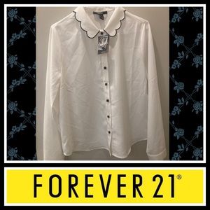 NWT Forever 21 White w/ Black Button-Down Scallop-Collar Blouse